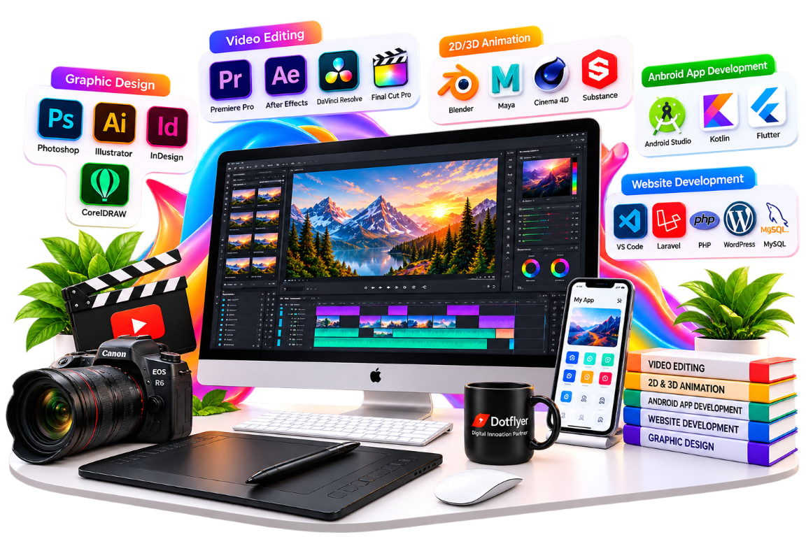 Dotflyer creative studio services across graphic design, video editing, animation, Android apps and website development