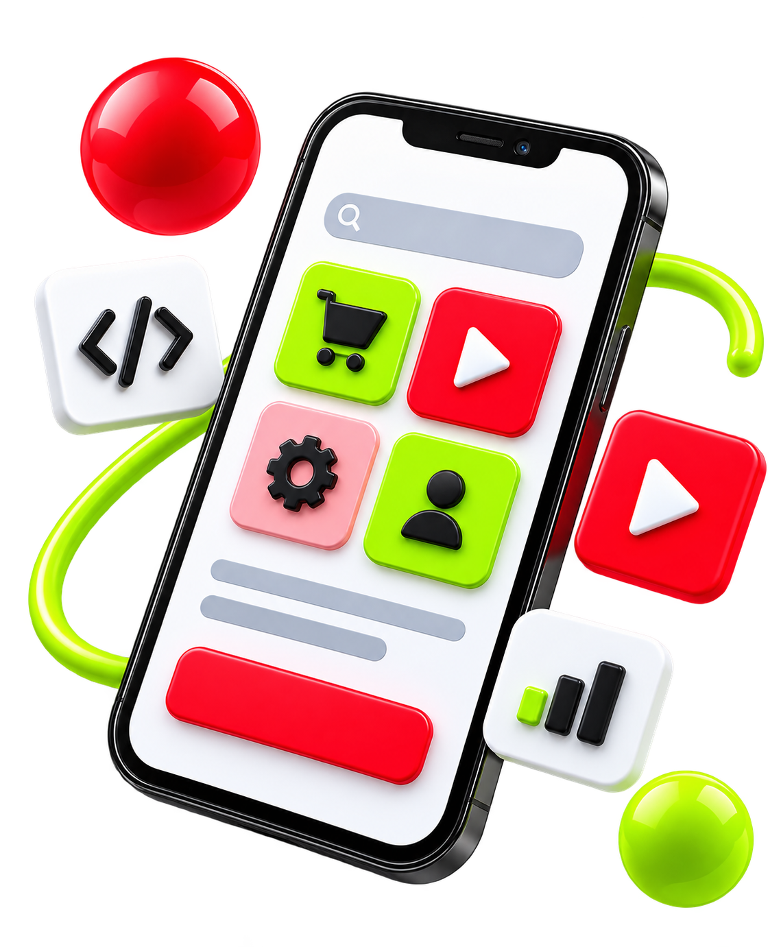 3D mobile app design displayed on a smartphone
