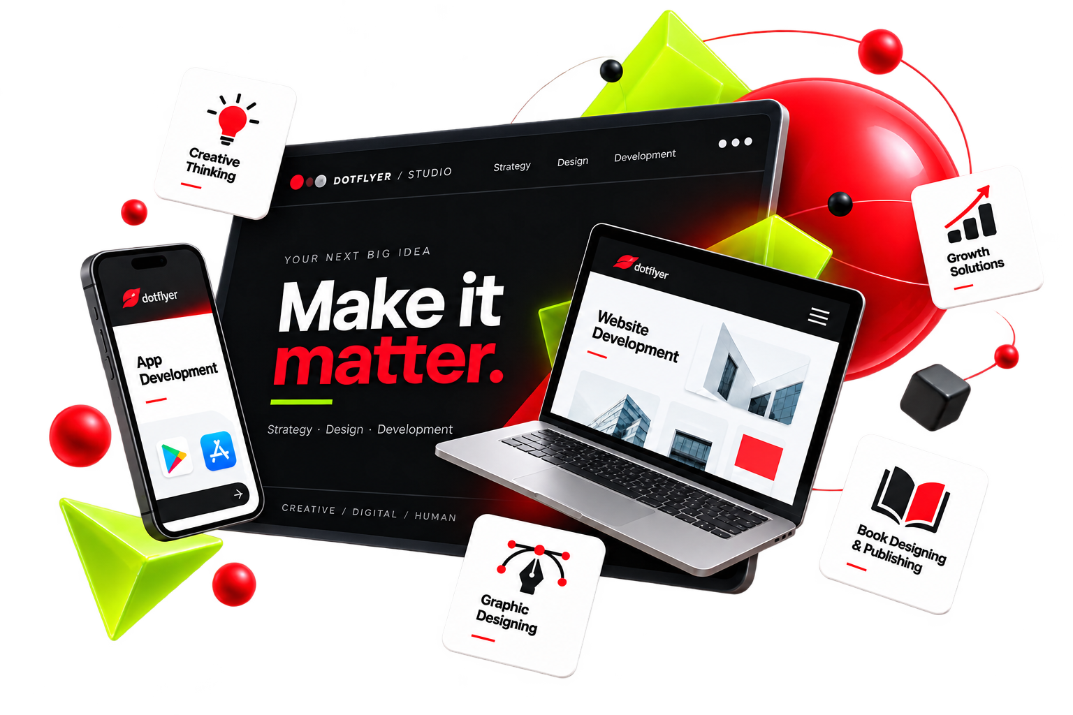 Dotflyer creative studio showcasing website, app, graphic design and book publishing work