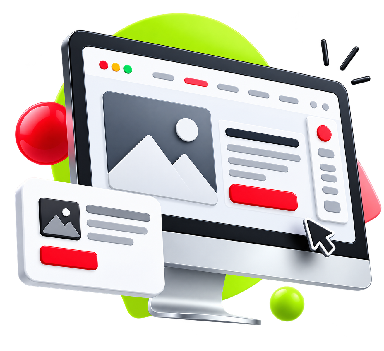 3D website design shown on a desktop monitor